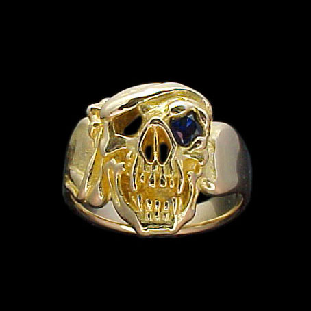 Large Skull Ring with bandana - 10K Gold - Sapphire
