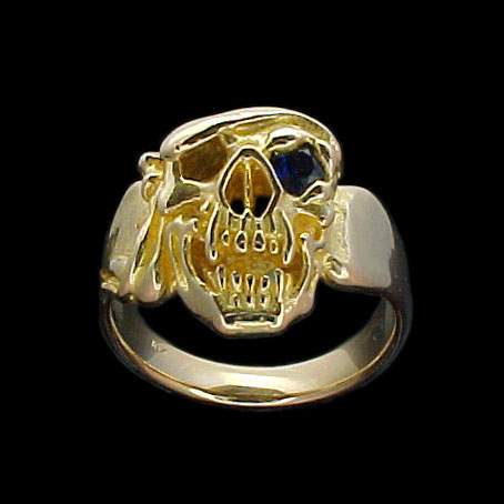Large Skull Ring with bandana - 10K Gold - Sapphire