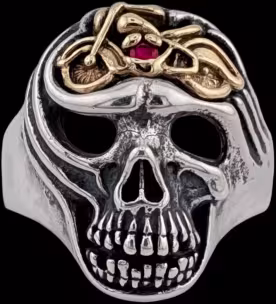 Large Skull ring with motorcycle - Sterling Silver and 10K Gold - Ruby