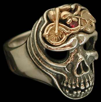 Large Skull ring with motorcycle - Sterling Silver and 10K Gold - Ruby