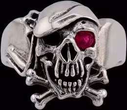 Large Pirate Skull with Bandana and Bones Ring - Sterling Silver - Ruby