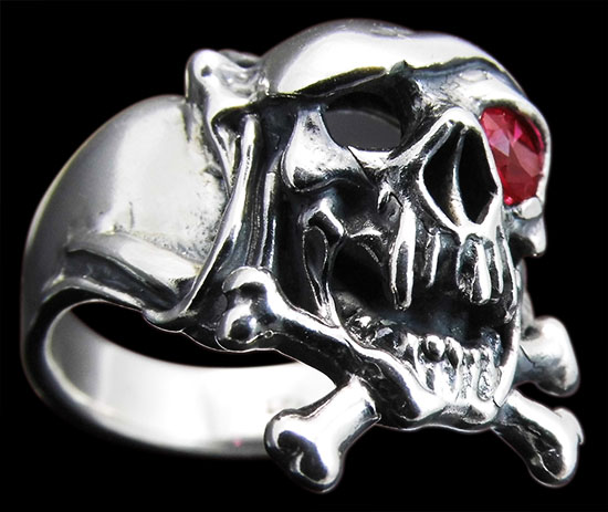 Large Pirate Skull with Bandana and Bones Ring - Sterling Silver - Ruby