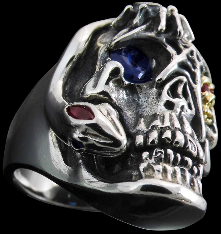 Ex. Ex. Large Skull Ring with spider, web and snake - Sterling Silver and 10K Gold - Sapphire, Ruby, Emerald