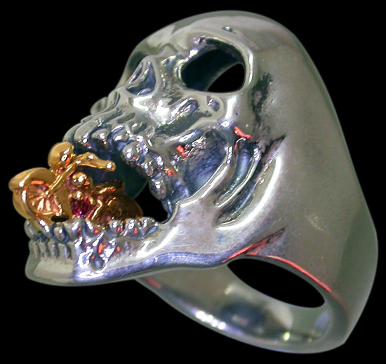 Ex. Ex. Large Skull Ring with Motorcycle in Mouth - Sterling Silver and 10K Gold - Ruby