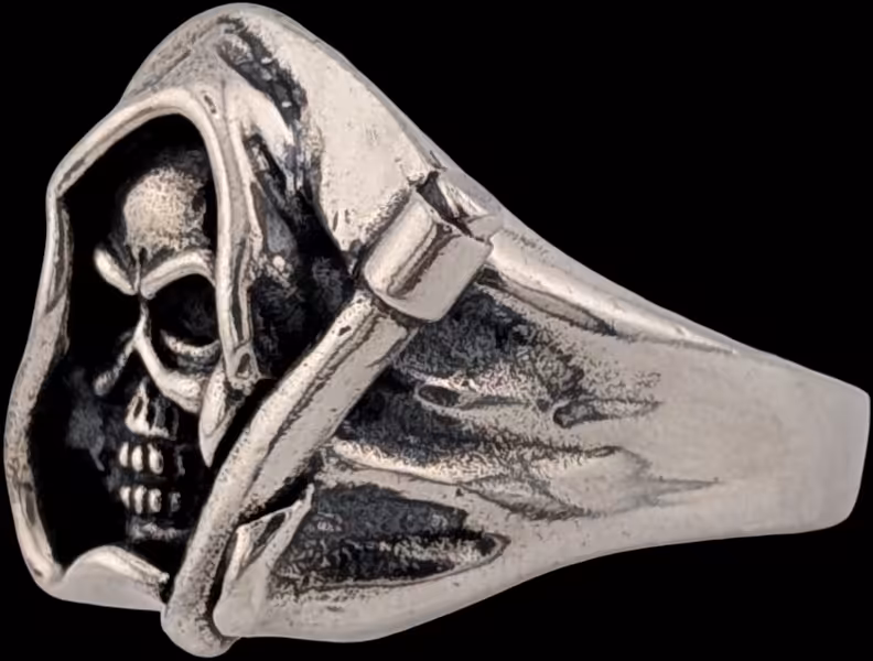Hooded Skull with Scythe Ring - left side profile over Scythe
