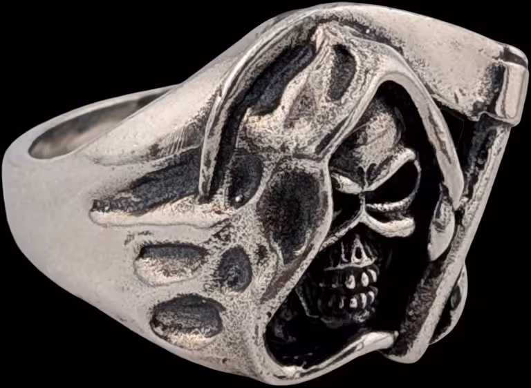Hooded Skull with Scythe Ring - top right profile