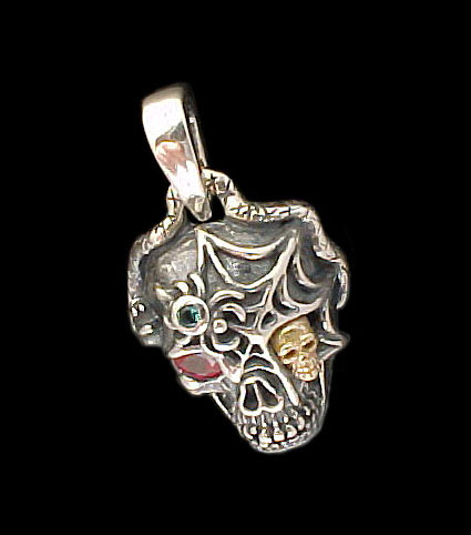 Ex. Large Skull Pendant with serpent, spider and web - Sterling Silver and 10K Gold - Ruby, Emerald