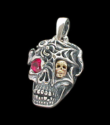 Ex. Large Skull Pendant with serpent, spider and web - Sterling Silver and 10K Gold - Ruby, Emerald