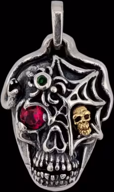 Keeper Skull Pendant - Sterling Silver and 10K Gold - Ruby, Emerald