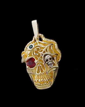 Ex. Large Skull Pendant with serpent, spider and web - 10K Gold and 10K White Gold - Ruby, Emerald