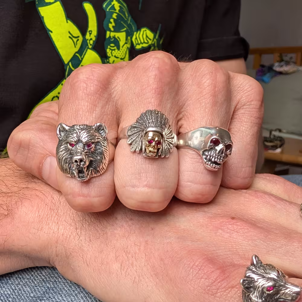Small Skull Chief Ring - Sterling Silver and 10K Gold - Ruby