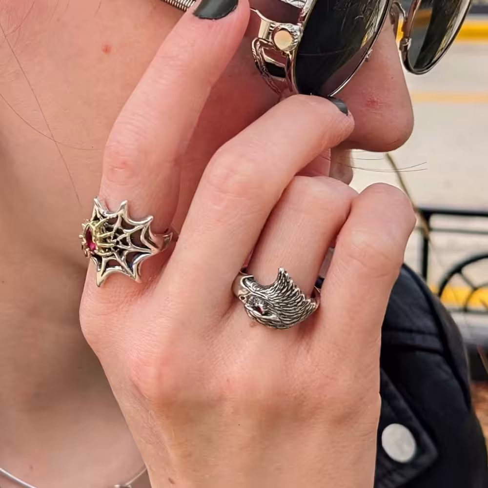 Eagle Head Ring - Sterling Silver - Ruby