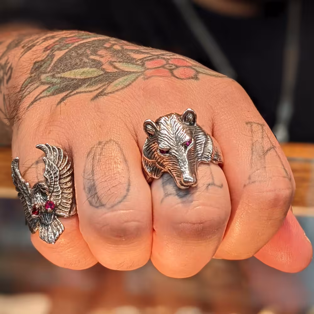 Large Wolf Ring - Sterling Silver - Ruby