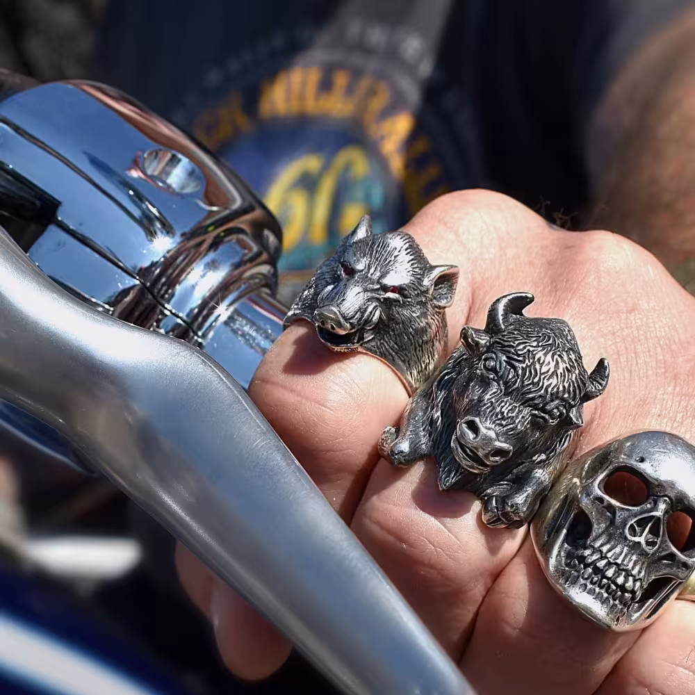 Large Boar Ring - Sterling Silver - Ruby