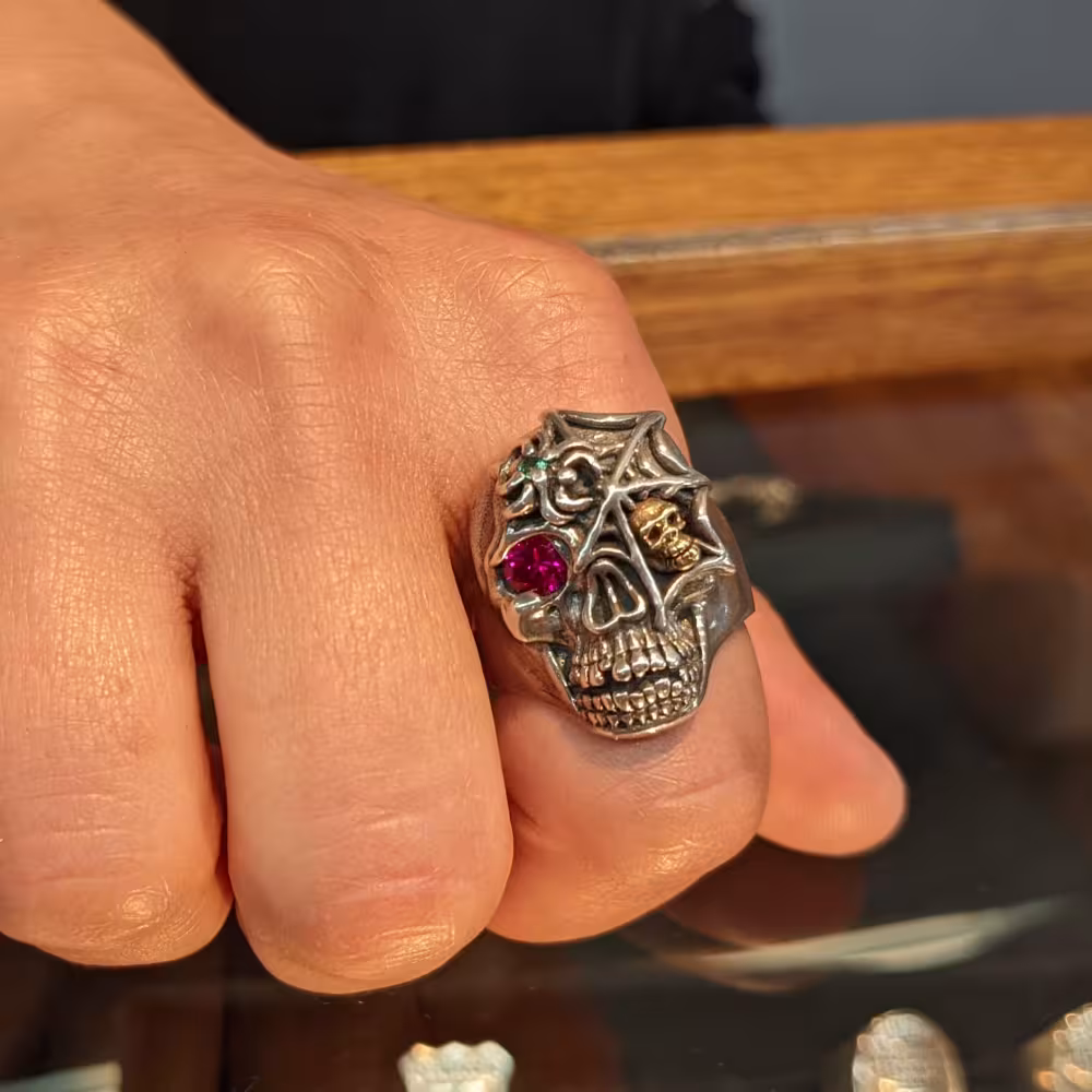 Keeper Skull Ring - Sterling Silver and 10K Gold - Ruby, Emerald