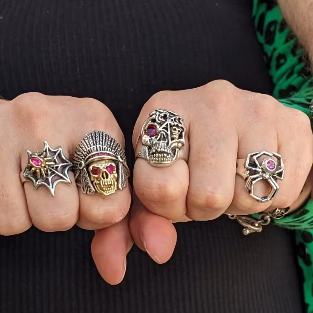 Keeper Skull Ring - Sterling Silver and 10K Gold - Ruby, Emerald