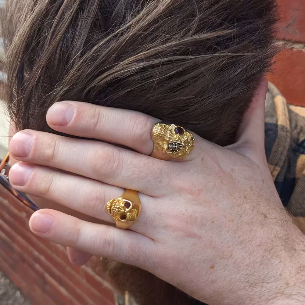 Keeper Skull Ring - 10K Gold and 10K White Gold - Ruby, Emerald