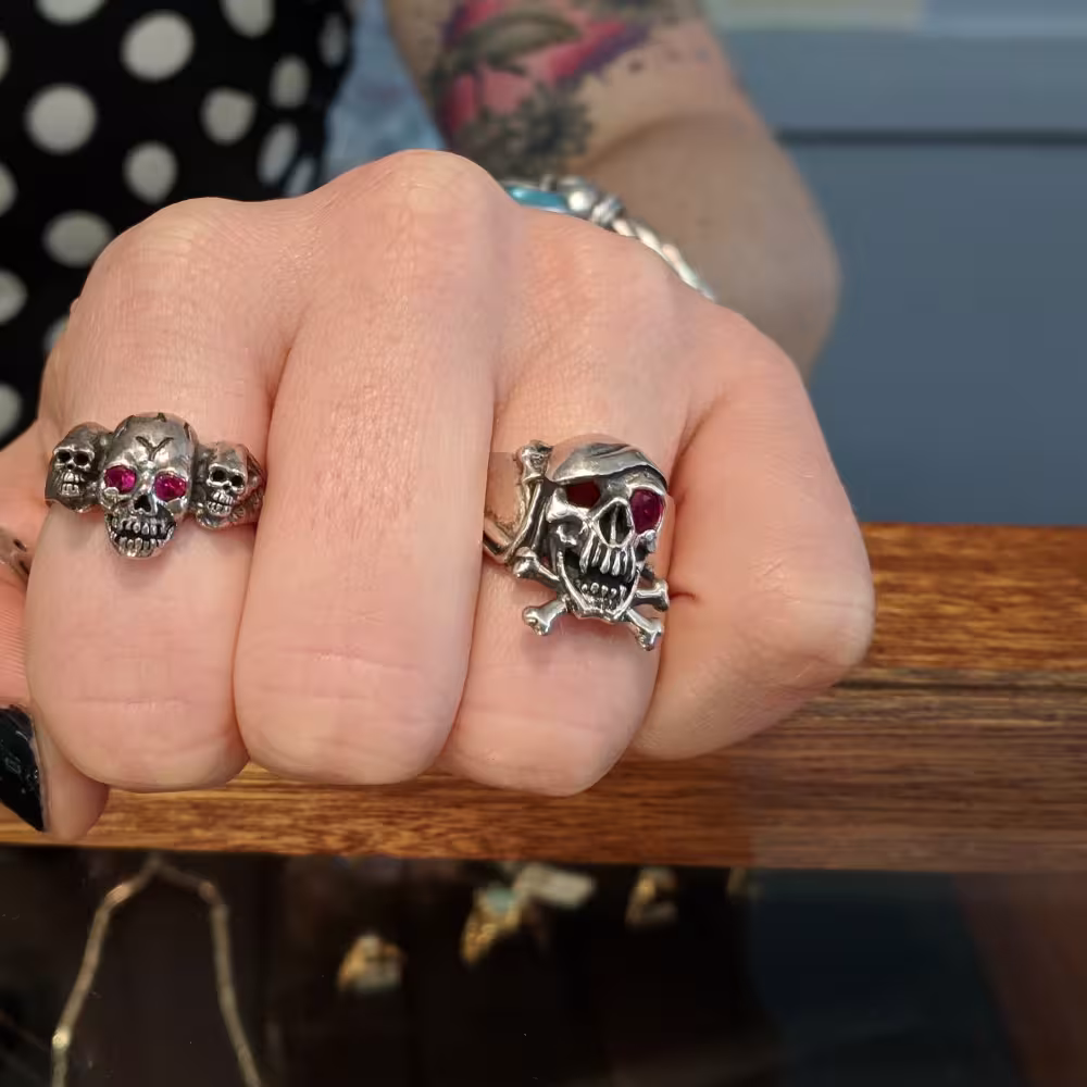 Pirate Skull and Bones Ring - Sterling Silver - Ruby