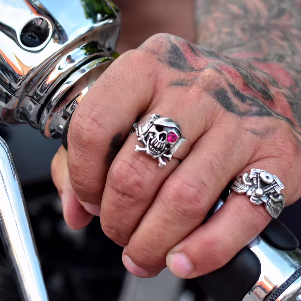 Pirate Skull and Bones Ring - Sterling Silver - Ruby