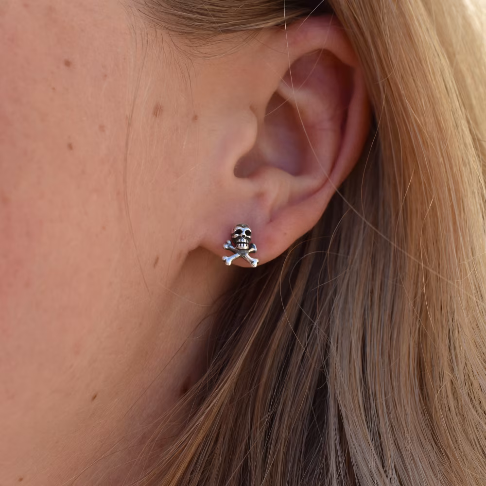 Tiny Skull and Bones Stud Earrings - Sterling Silver