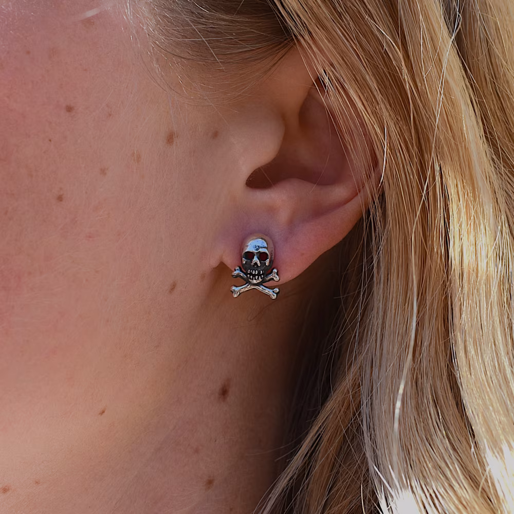 Small Skull and Bones Stud Earrings - Sterling Silver