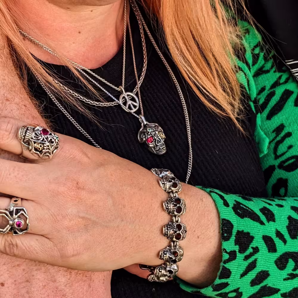 Keeper Skull Pendant - Sterling Silver and 10K Gold - Ruby, Emerald