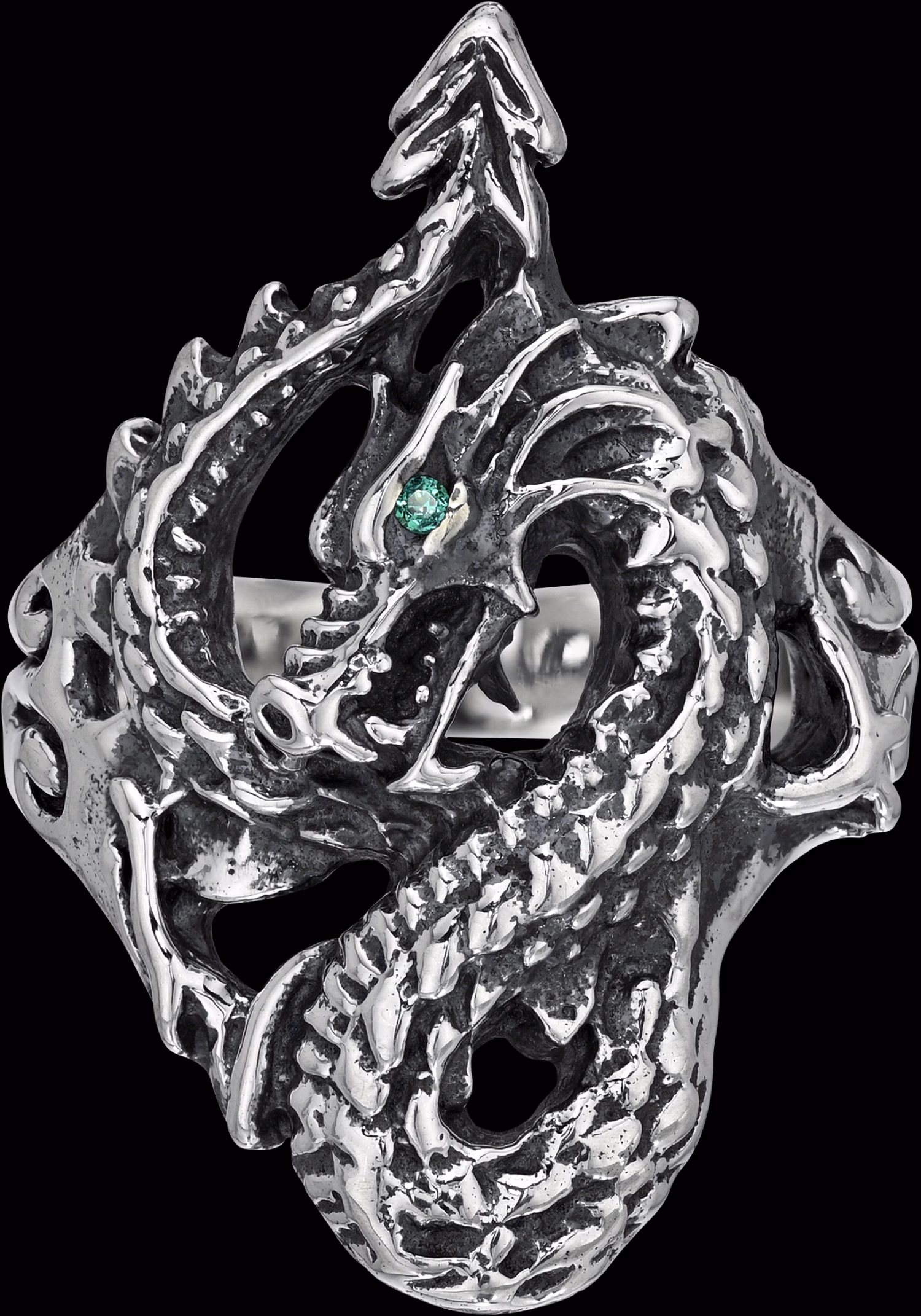 Large Dragon Ring - Sterling Silver - Emerald