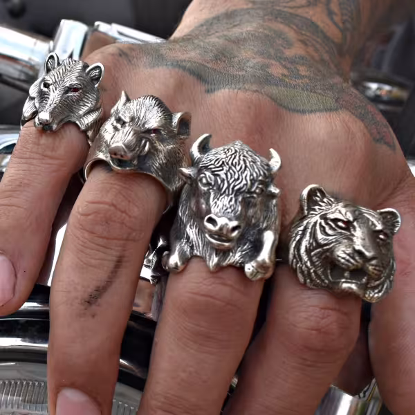Animals and creatures, Wolf, Boar, Buffalo, Tiger rings in silver