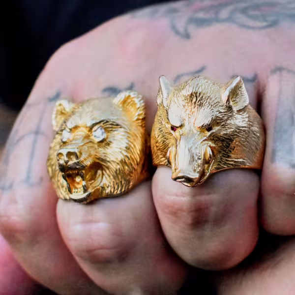 Animals, Bear and Boar ring in gold
