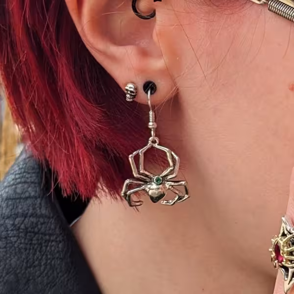 Earrings, Lady with Skull stud and Spider dangle earrings