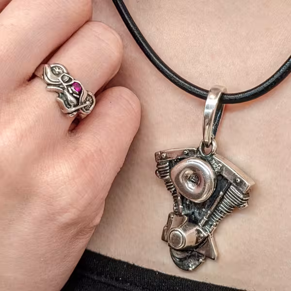 Riding Motorcycle ring with Harley Davidson motor pendant