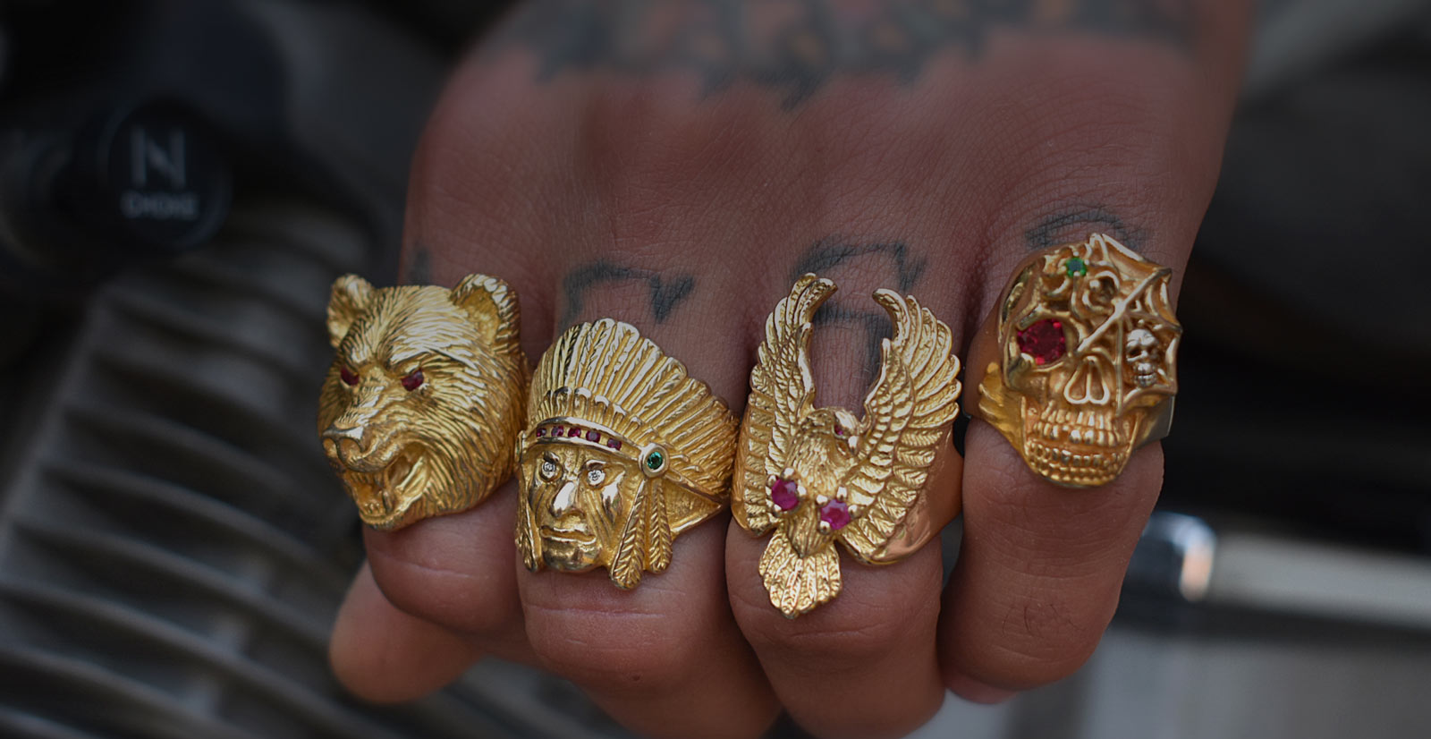 Sturgis Jewelry gold rings; bear, Indian chief, eagle, skull with stones rings